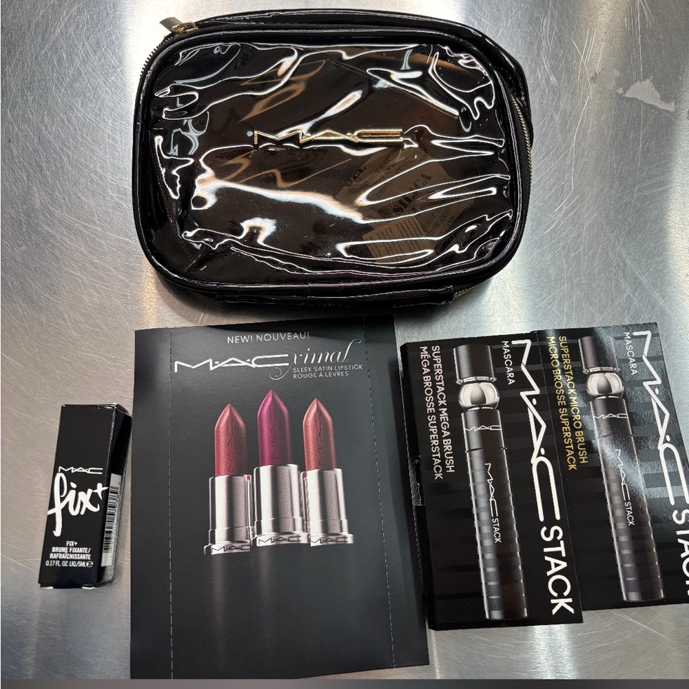 MAC w/ Limited Edition Bag 2 Mascara and Sample Lipstick  & Fix It Spray